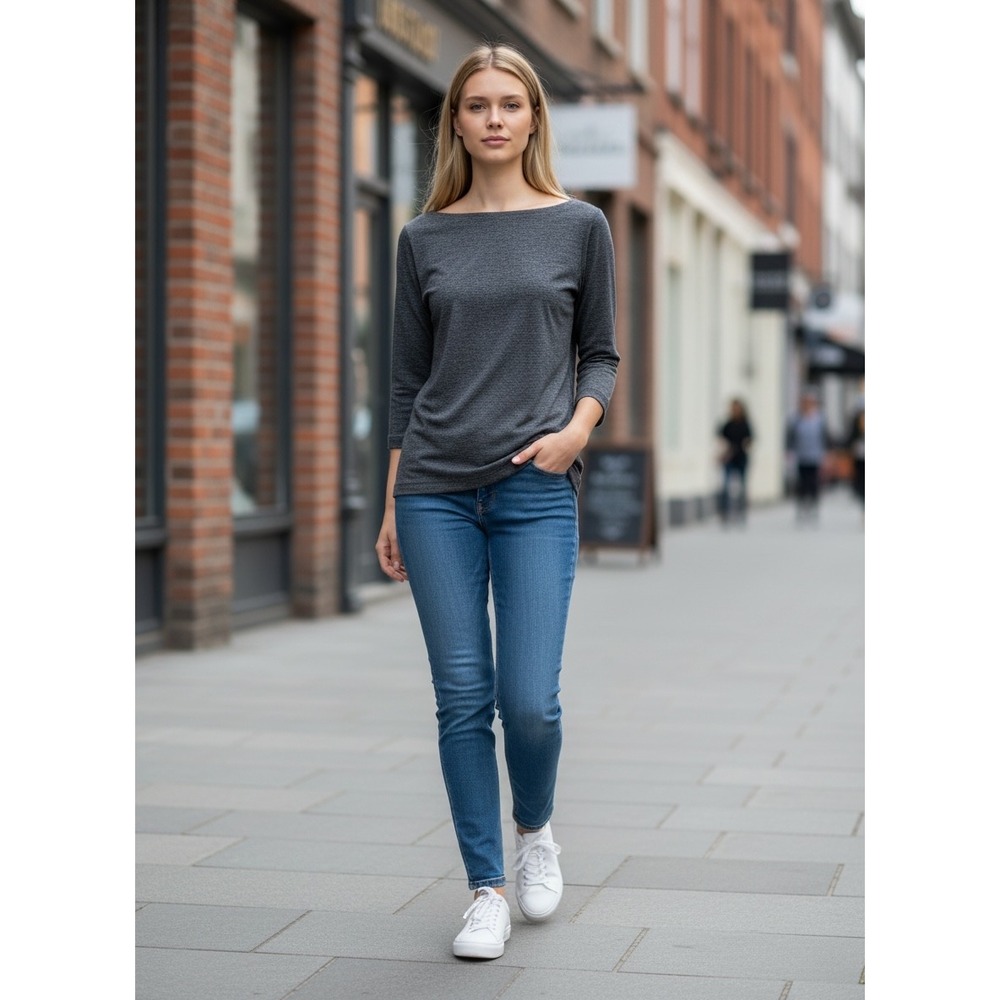 Currants Womens Boat Neck 3/4 Sleeve Top Charcoal Heather Grey Size M Minimilist
